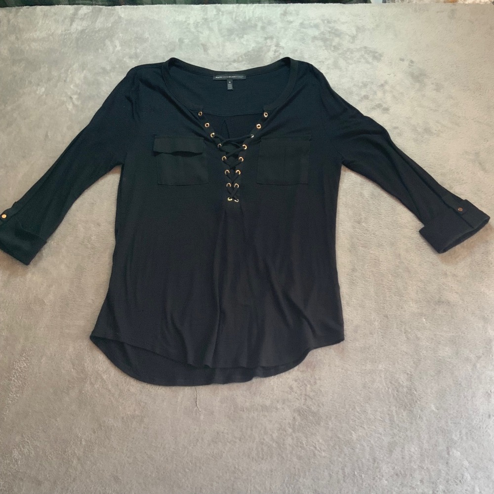 White House Black Market Black Lace Up Front Roll Tab Sleeve Top Medium